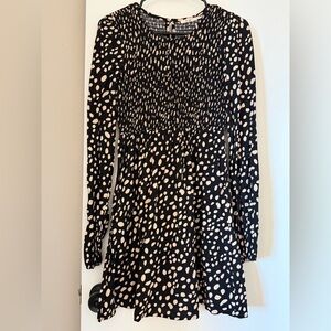 Black Long Sleeve Smocked Polka Dot Dress - Neutral Spots